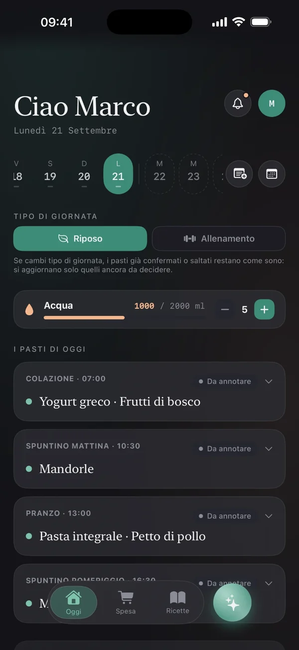 Schermata di ILA: la giornata con acqua bevuta e i pasti di oggi, dalla colazione allo spuntino